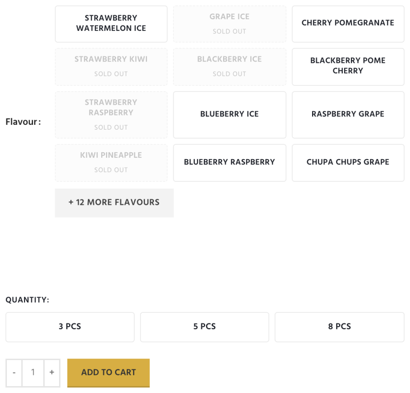 Product page option selector with the flavour dropdown and quantity field