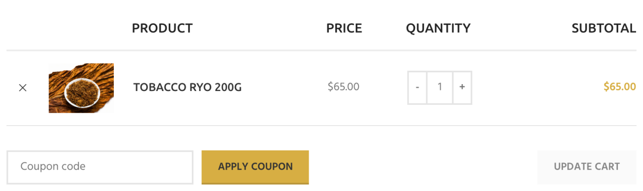 Cart page showing an item, quantity field and order total