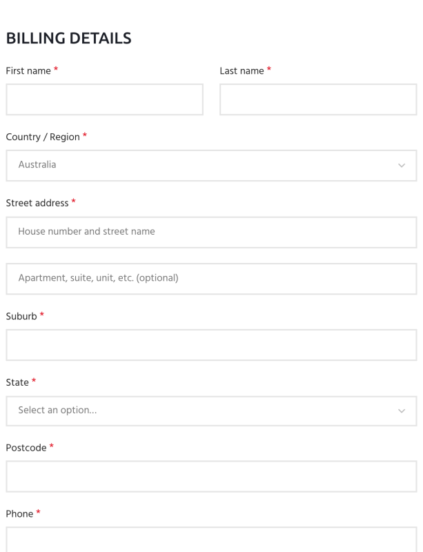 Checkout form with name, email, phone and delivery address fields
