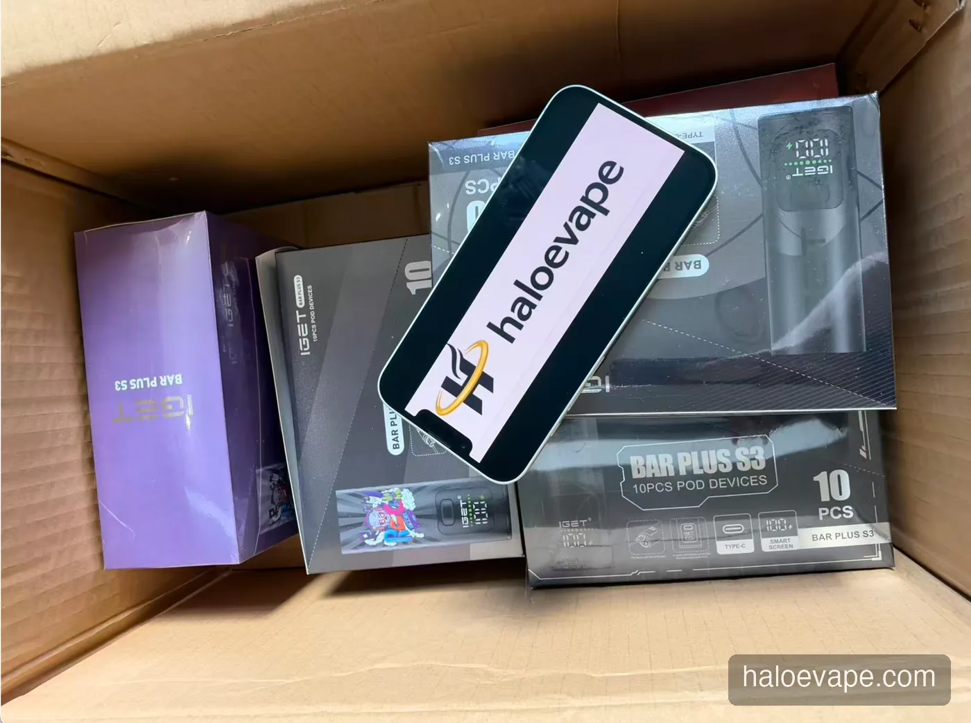 IGET Bar Plus S3 pod devices packed for shipping from Halo E-Vape warehouse