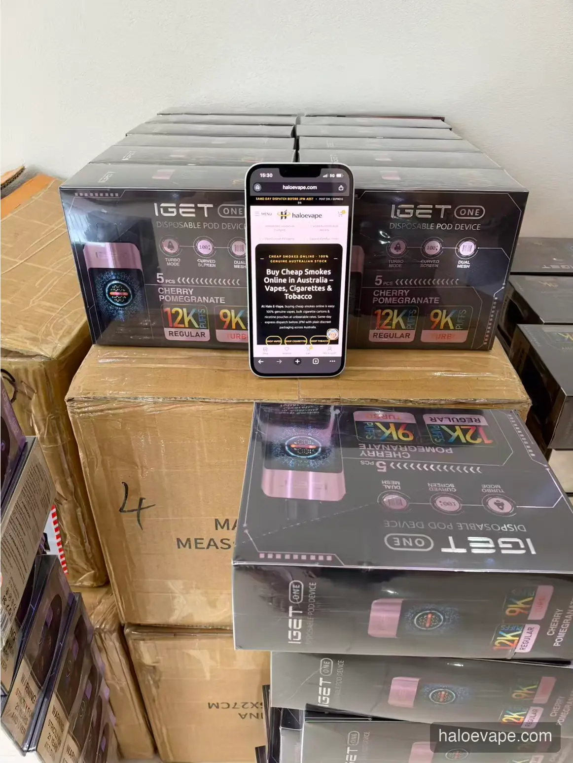 Wall of IGET vape stock ready for same-day dispatch at Halo E-Vape warehouse