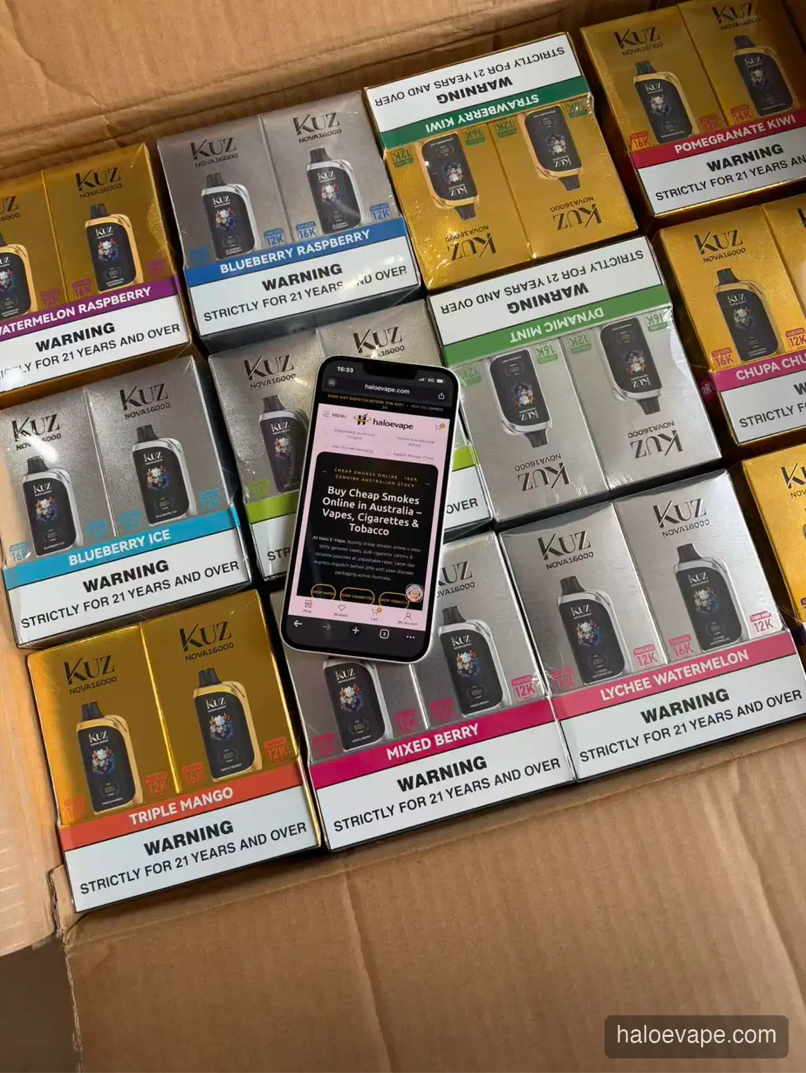 KUZ disposable vapes neatly packed in cartons at Halo E-Vape warehouse Australia