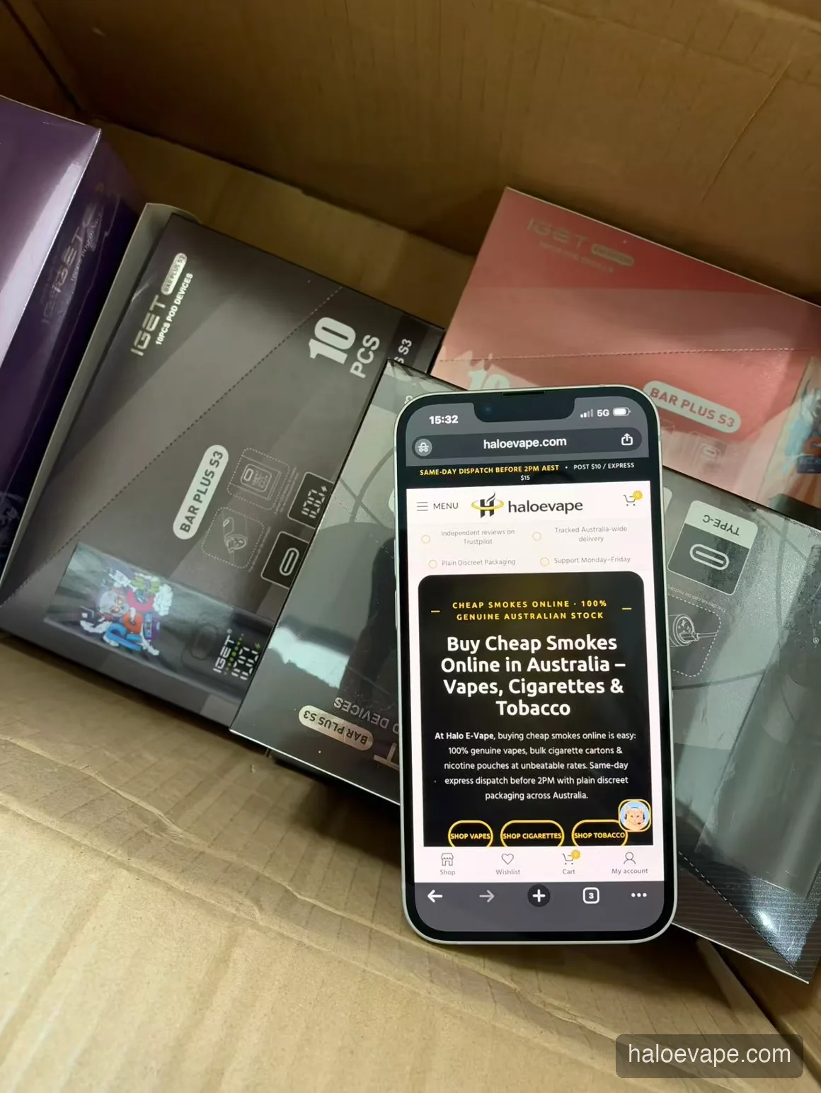 Halo E-Vape official website shown together with real vape stock in our own Australian warehouse