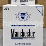 Manchester Sapphire Blue Cigarettes carton real stock photo - Halo E-Vape Australia warehouse