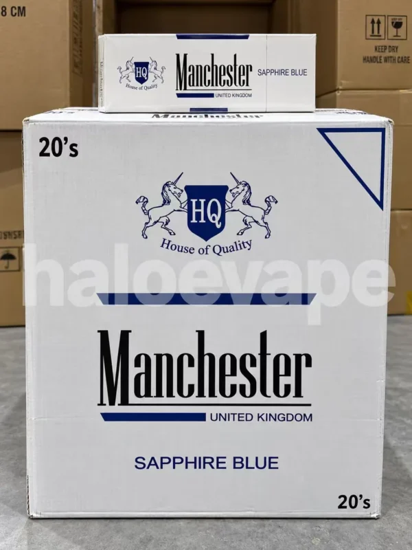Manchester Sapphire Blue Cigarettes carton real stock photo - Halo E-Vape Australia warehouse
